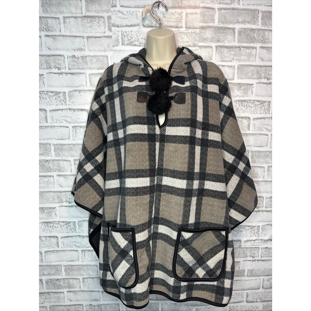 Rachel Rachel Roy Plaid Hooded Poncho Cape L/XL Black Tan Cozy Winter Wrap - Picture 2 of 7